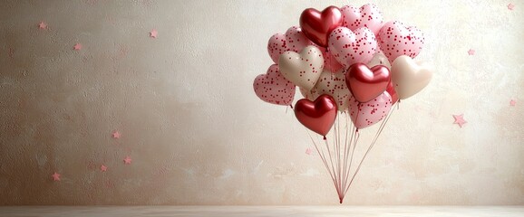 Poster - valentine's day banner illustrated in 3d with heart-shaped balloons floating on clouds. perfect for 