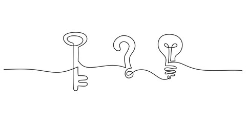 Wall Mural - One line drawing of a key, question mark, and light bulb, reflecting problem solving and curiosity.