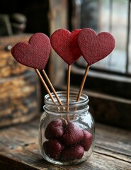 Poster - a wooden backdrop adorned with valentine heart-shaped confetti and white roses