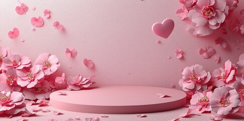 Poster - Valentine's day stage podium mock-up featuring heart product display showcase in 3D rendering