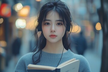 Poster - A young Asian female college student is using a digital tablet in the college library