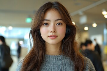 Poster - A female Asian student at the college library is utilizing a digital tablet