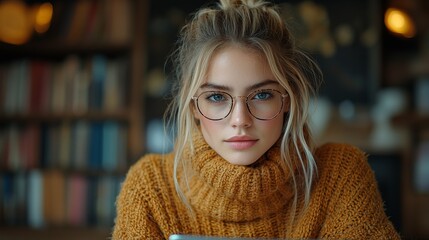 Poster - Young woman wearing glasses intently reading her laptop in a library amidst rows of academic books