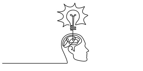 Wall Mural - Continuous one line drawing of a head with a brain and light bulb, symbolizing ideas, innovation, and realization.