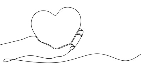 Wall Mural - Continuous one line drawing of a hand offering a heart, depicting generosity and affection.