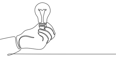 Wall Mural - hand holding a light bulb in continuous line drawing, symbolizing creative thinking and innovation.
