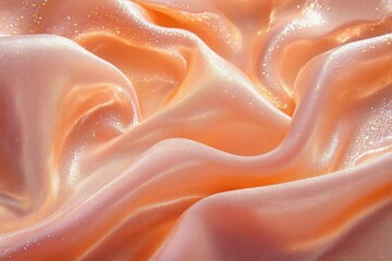 Poster - A close-up of shimmering peach satin fabric, showcasing its smooth texture and gentle folds.