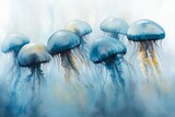 A dreamy watercolor of jellyfish glowing softly in a serene underwater scene, surrounded by faint coral silhouettes