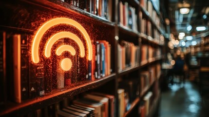 Poster - Within a library, a no Wi-Fi sign underscores digital disconnection, enhancing a calm and dedicated study atmosphere. Designed for educational domains, it reinforces library rules and aids in