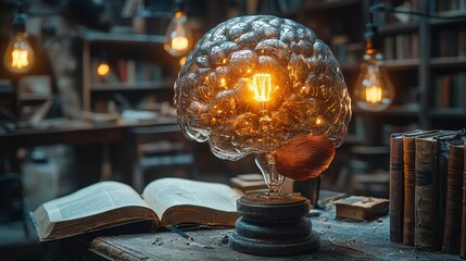Poster - A dynamic brain image composed of light bulb filaments, encircled by books and hovering digital screens, depicting the flow of thoughts and innovation