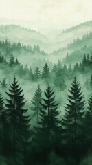 Poster - A serene forest landscape with layered mountains and misty atmosphere.
