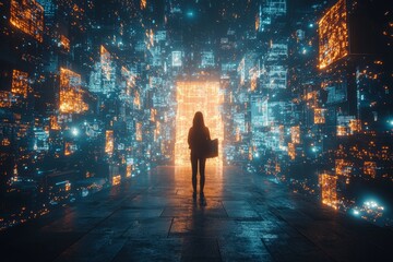 Poster - Surrounded by floating pages of data and code, a person is situated in the middle of an infinite digital library