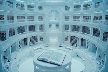 Poster - A circular futuristic library tunnel is adjacent to an open book in the foreground, bathed in the glow of shelf lights