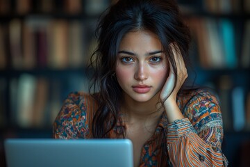 Poster - A university student is struggling with a paper, manifesting stress and burnout as she experiences a headache while researching on her laptop in the library