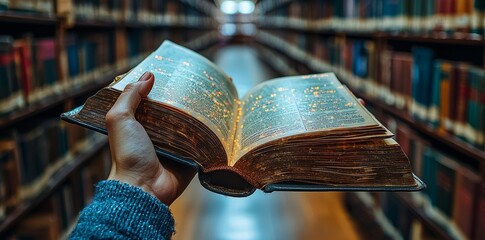 Poster - A library scene features a hand holding an open book, integrated with digital elements, reflecting themes of digital art, literary exploration, book designs, virtual reality, and library aesthetics
