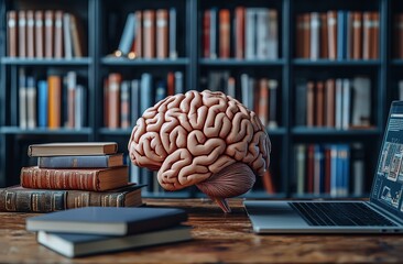 Poster - A digital artwork showcasing a colossal brain linked to numerous laptops within a dimly lit chamber, serving as a distinctive wallpaper and a potential hit