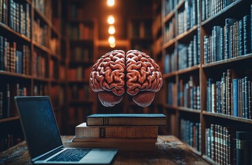 Poster - A conceptual digital artwork of a giant brain linked to various laptops in a dark environment, intended as a unique wallpaper and a probable best-seller