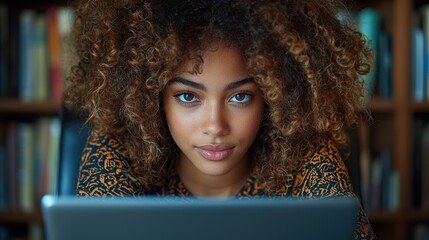 Poster - A young woman focuses intently on her laptop in a library setting