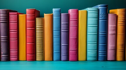 Poster - A stack of colorful textbooks atop a laptop computer on a blue desk portrays modern learning tools