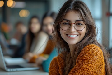 Poster - A group of four Indian Asian university students collaborate using laptops