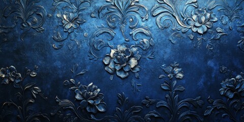 Poster - Decorative blue floral relief wall texture with intricate designs and a rich color palette.