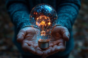 Poster - A tech-savvy businessman holding a bright lightbulb, adorned with digital learning icons for education, training, innovative thinking, problem resolution, and knowledge dissemination