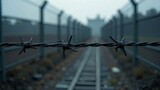 Wider barbed wire, fence, barbed wire, security elements.  Security and defense of the prison.