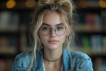Poster - Focused young teacher preparing for class in a library reading hall