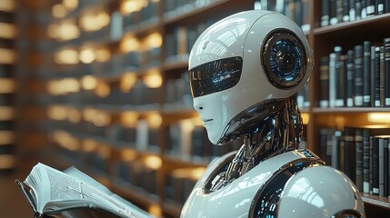 Poster - A robot examines an ancient book in a majestic library, surrounded by rows of shelves stacked with texts
