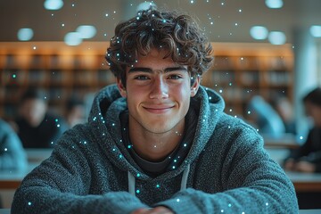 Poster - Student, computer, and portrait in a college library, engaging in a programming course, project, and online assessment. Study, man, and learning in university for education, scholarship, and school