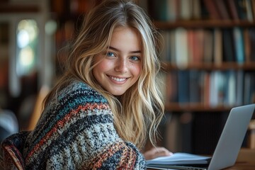 Poster - A young woman is studying in a library, surrounded by books and using a laptop