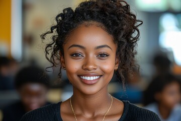 Poster - An image of a black woman working on a computer and her face captured in a college library as she explores literature, research, and scholarship opportunities. An image of a student deeply engrossed