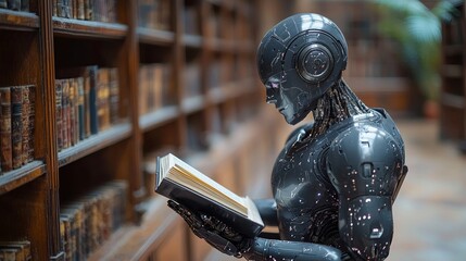 Poster - A humanoid robot occupies a seat in the library, embodying a fusion of technology and knowledge