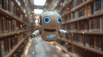 Poster - A surreal library with books suspended in air and nostalgic computers