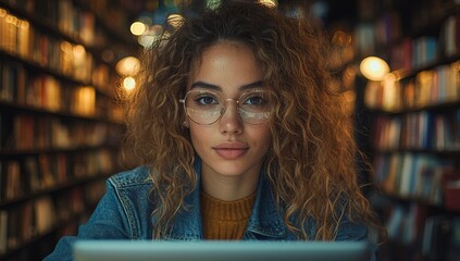 Poster - The library is where a beautiful Caucasian female student works on her laptop computer