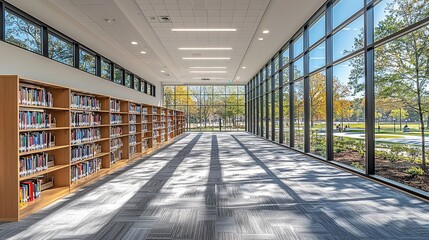 Poster - Bookshelves in a spacious library contribute to a peaceful study atmosphere