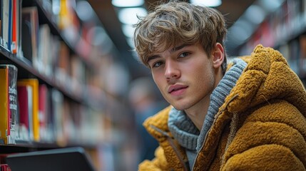 Poster - Surrounded by books, a young man studies intently at his laptop in a library