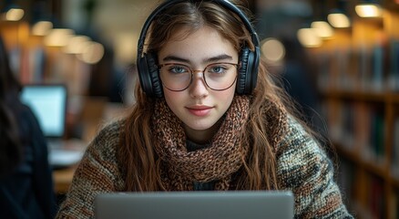Poster - Engaged in an educational project, a person is listening to a podcast audio while wearing headphones, participating in an online course, and checking their exam results