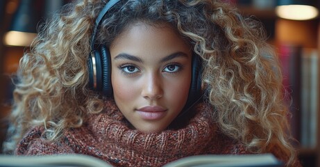 Poster - People, equipped with laptops and headphones, study and work on a research assignment in a library. A group of students prepare for an exam, listening to music and utilizing tech to enhance