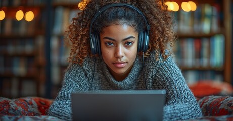 Poster - At the library, students learn and research with laptops and headphones on. Another group prepares for exams, using tech and music to improve education, ensure connectivity, and take advantage of