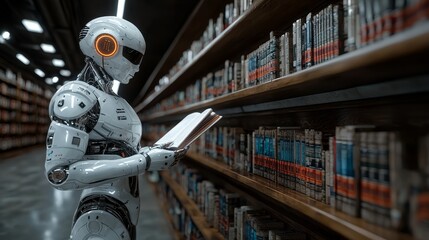 Poster - Digital robots traverse modern library aisles, amidst shelves lined with vibrant orange books. This scene intertwines technology and wisdom, sparking curiosity and innovation