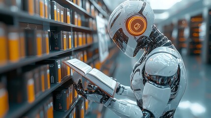 Poster - Amid the shelves of vibrant orange volumes in a modern library, digital robots read. The vision juxtaposes technology with knowledge, fostering curiosity and innovation