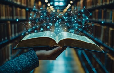 Poster - Holding an open book, a hand is accompanied by floating digital icons that represent creativity, learning, and innovation in education