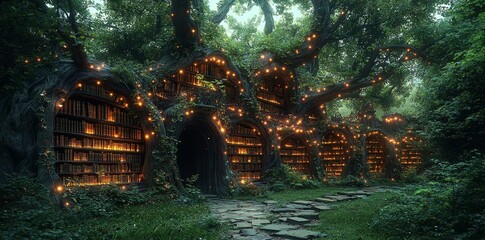 Poster - A virtual library with a fantasy forest theme, featuring digital magical books, interactive woodland creatures, and enchanting design
