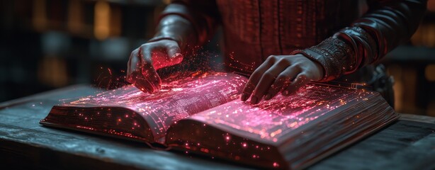 Poster - A glowing, stylized book stands in a futuristic library, flanked by shelves that symbolize knowledge and digital connectivity