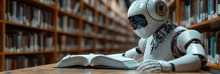 Poster - A humanoid robot stands in a library, flanked by bookshelves, carefully examining a book, illustrating the potential of intelligence and technology to enrich intellectual and academic endeavors