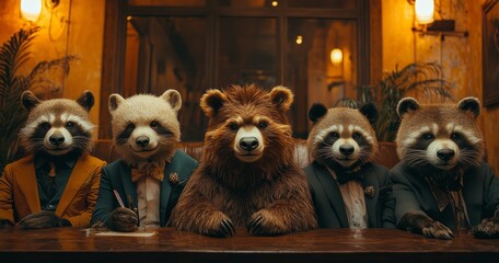 Poster - mask people listen lion king boss meeting loft interior office indoor rooster gorilla sloth panda zebra raccoon