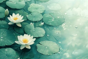 Poster - A serene water scene featuring white lilies and green lily pads in tranquil waters.