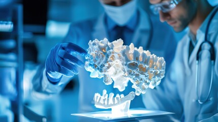 Aufkleber - Doctors discussing a detailed bone model in a modern lab.