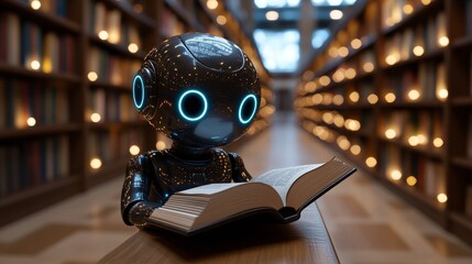 Poster - Within a library, a golden robot engrossed in reading a book, its expression suggesting deep thought. The bookshelves are laden with books, underscoring the environment's focus on learning and